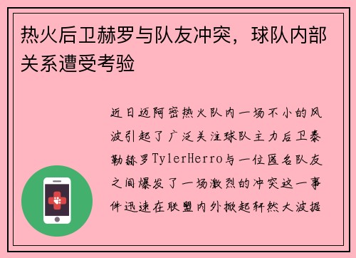 热火后卫赫罗与队友冲突，球队内部关系遭受考验